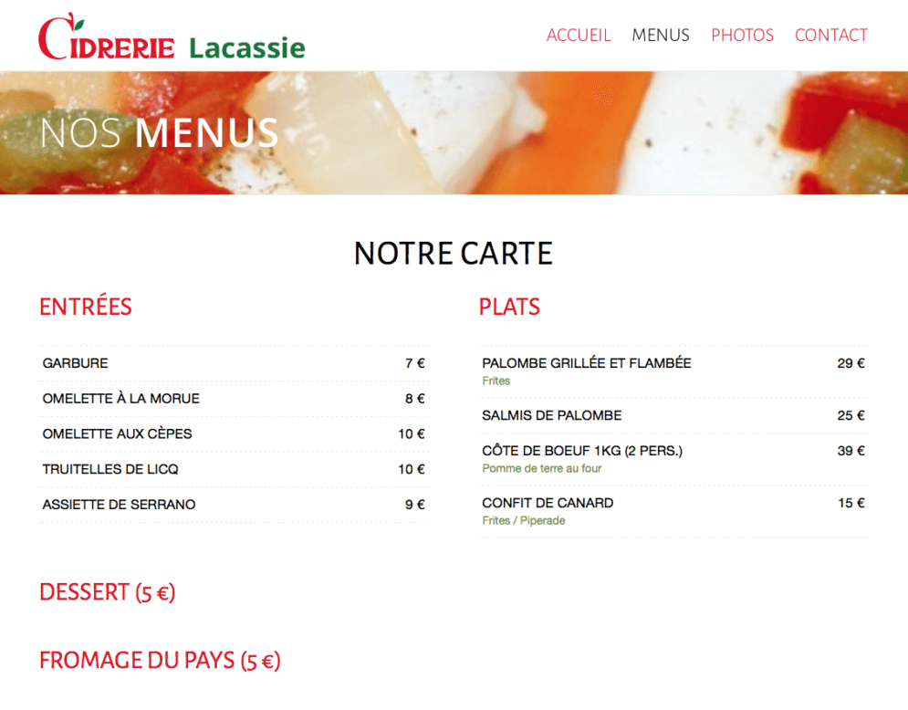 Site internet avec menu de restaurant