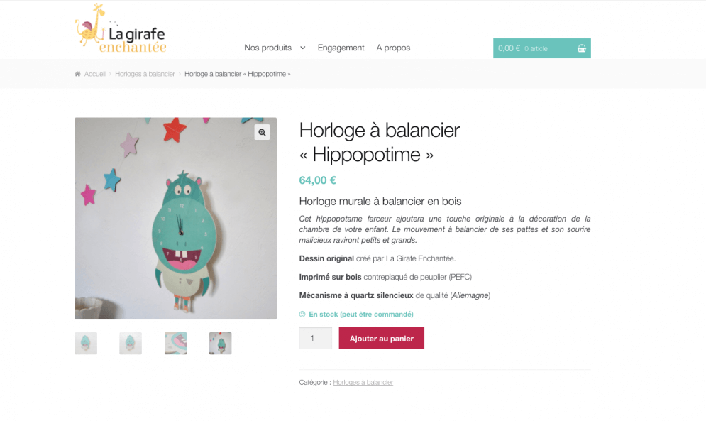 Fiche produit d'une horloge à balancier Hippopotame